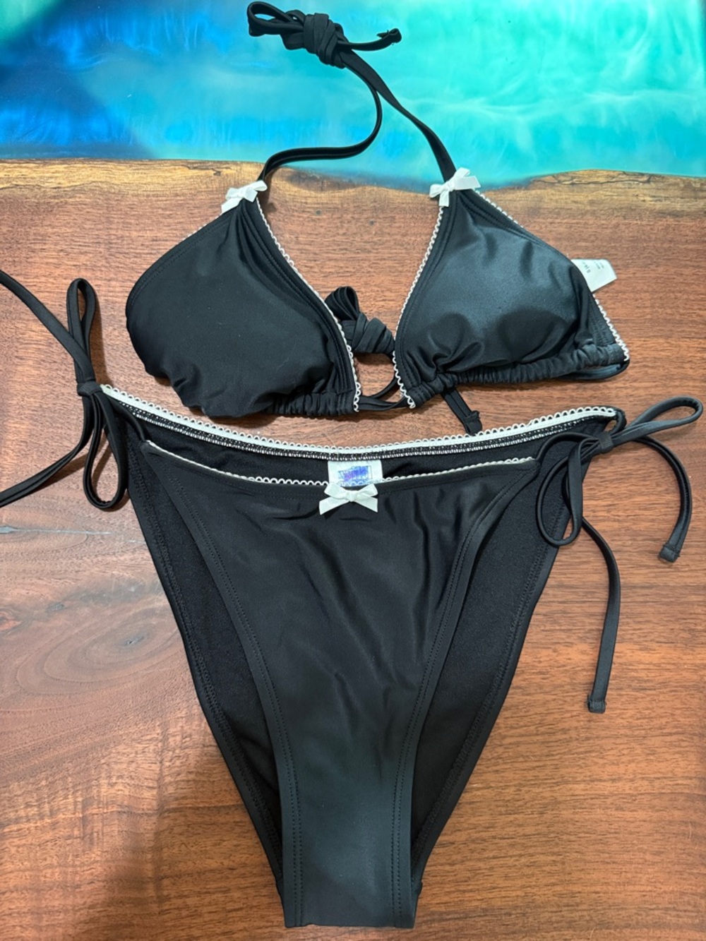 wild fable Black Bikini Set with White Trim and Bows